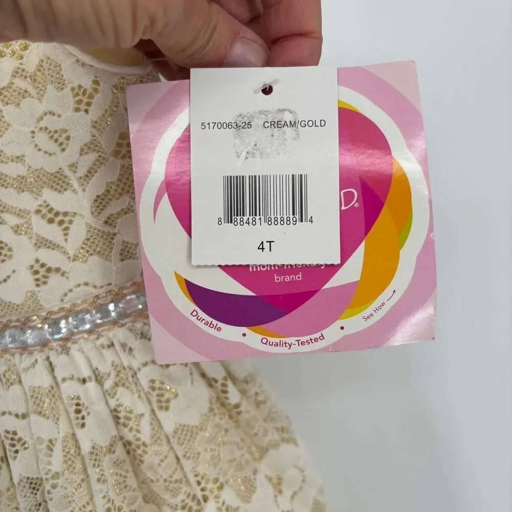 Youngland Girls Lace Dress with‎ Sparkle Waistband Cream/Gold Girls Size 4T NWT